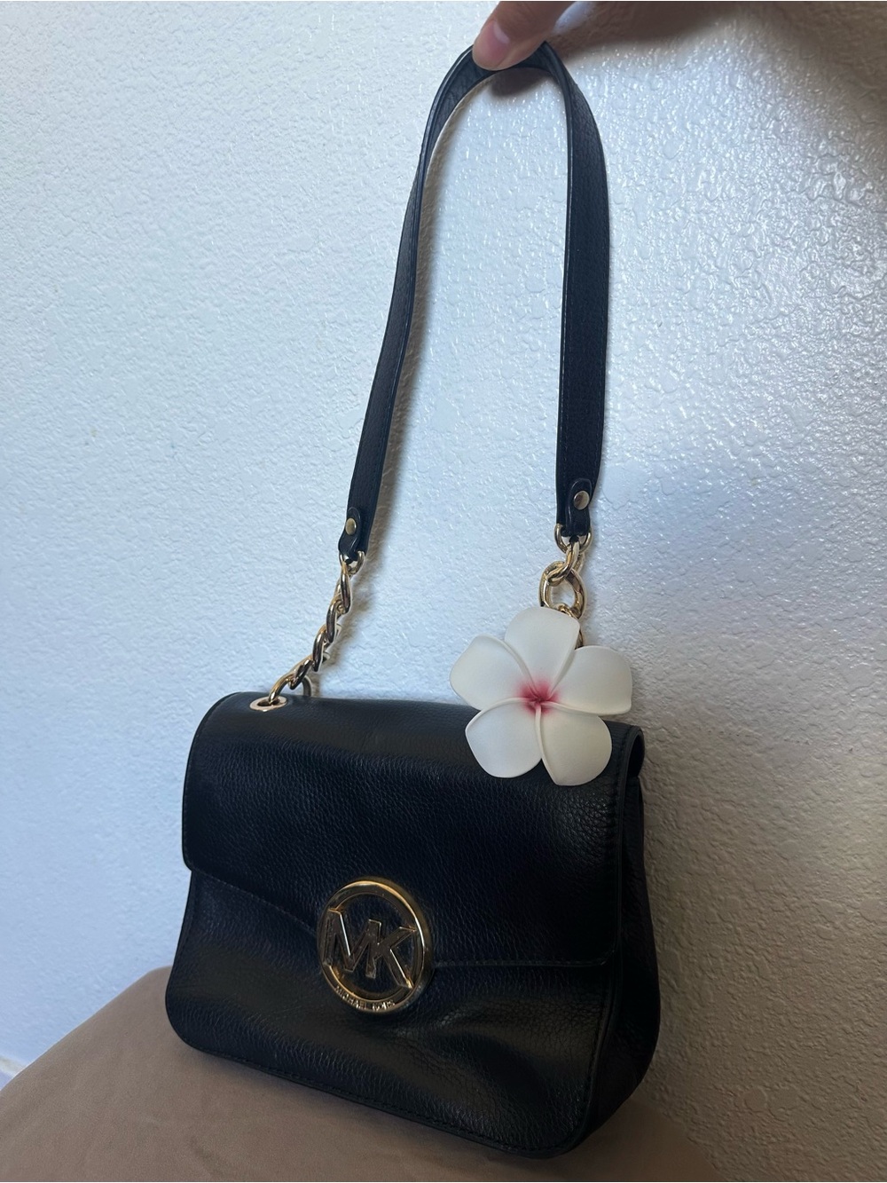 Michael Kors Black Pebble Leather Large Shoulder Flap Bag Gold MK Logo Chain